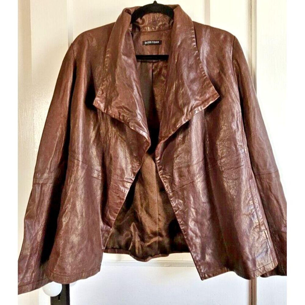 Eileen fish‎ 100% Lamb leather jacket open front drapey brown Sz M